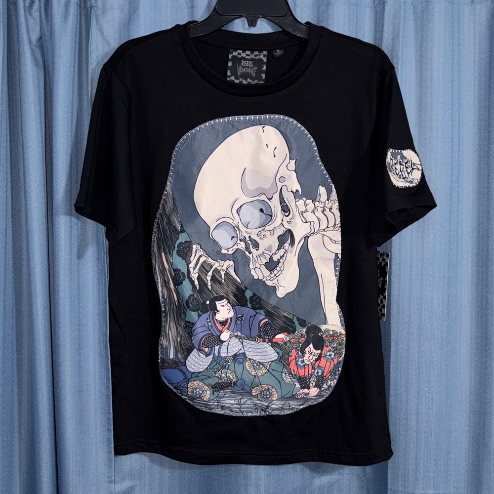 Rebel Vengeance Oni Skull Samurai Embroidered Black Graphic T-shirt Men’s Med
